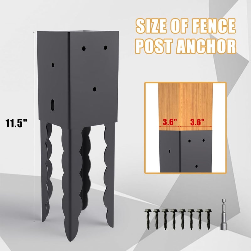 TAYORY 4x4 Post Base Holder Ground Spike, 4 Pcs (Actual 3.6"x3.6") 4x4 Concrete Post Anchor，Black Powder Coated Post Spike for Pergola, Deck, Fence, Mailbox, etc. - Image 2